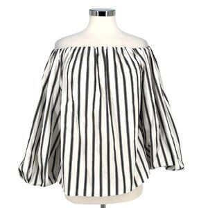 WHBM Off-Shoulder Striped Blouse Balloon Sleeves White Black Size Medium NWOT